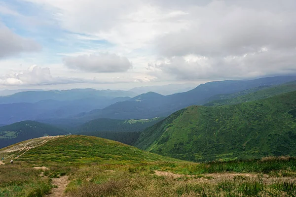 Carpatian yaz manzarası. Mavi gökyüzü arka planında orman olan dağ yolu.