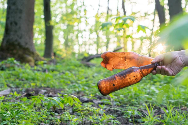 Main Gars Ramasse Les Ordures Dans Forêt Une Bouteille Sale — Photo