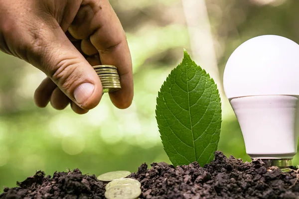 Een Man Gooit Munten Een Combinatie Van Lampen Ansichtkaarten Met — Stockfoto