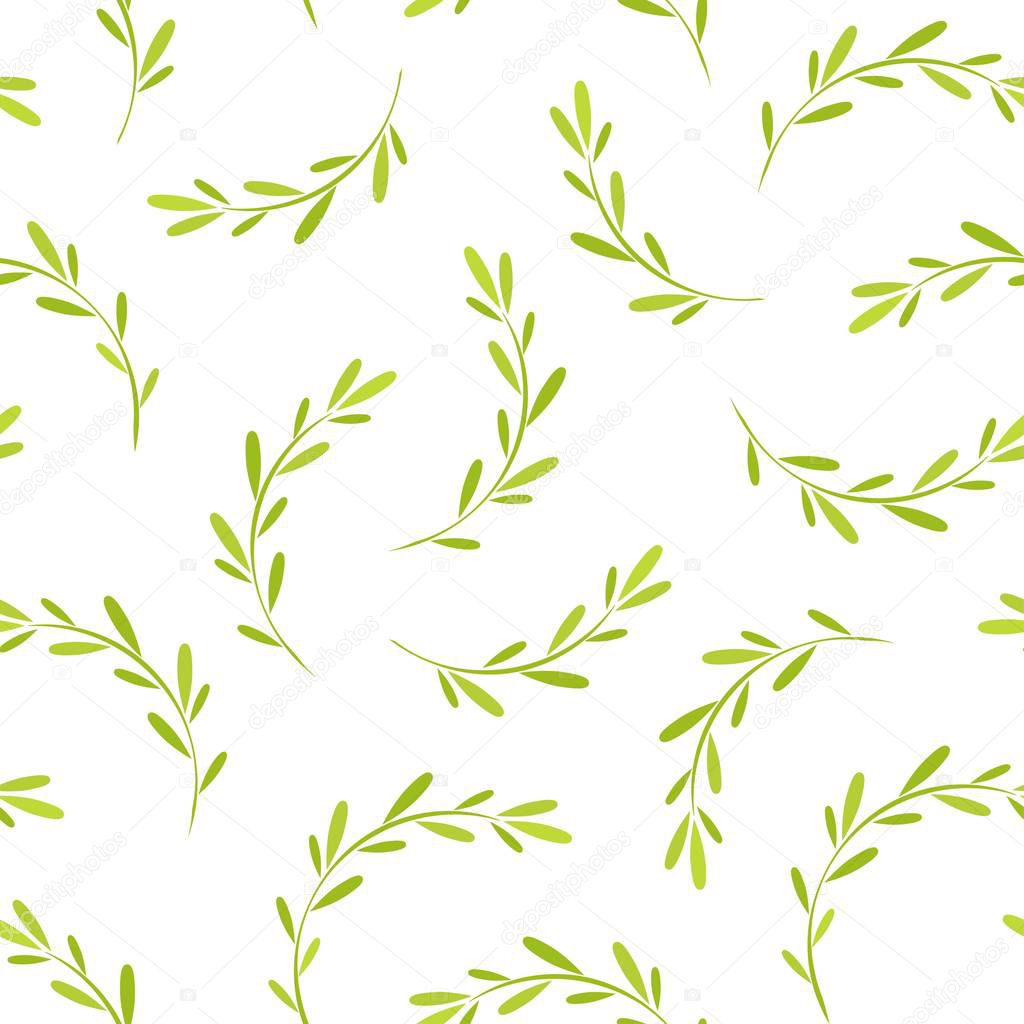 Seamless floral pattern with little bright green blades of grass. Floral texture on white background. Hand drawn shabby sprigs with sharp leaflets. For printing on fabric or paper. Vector illustration