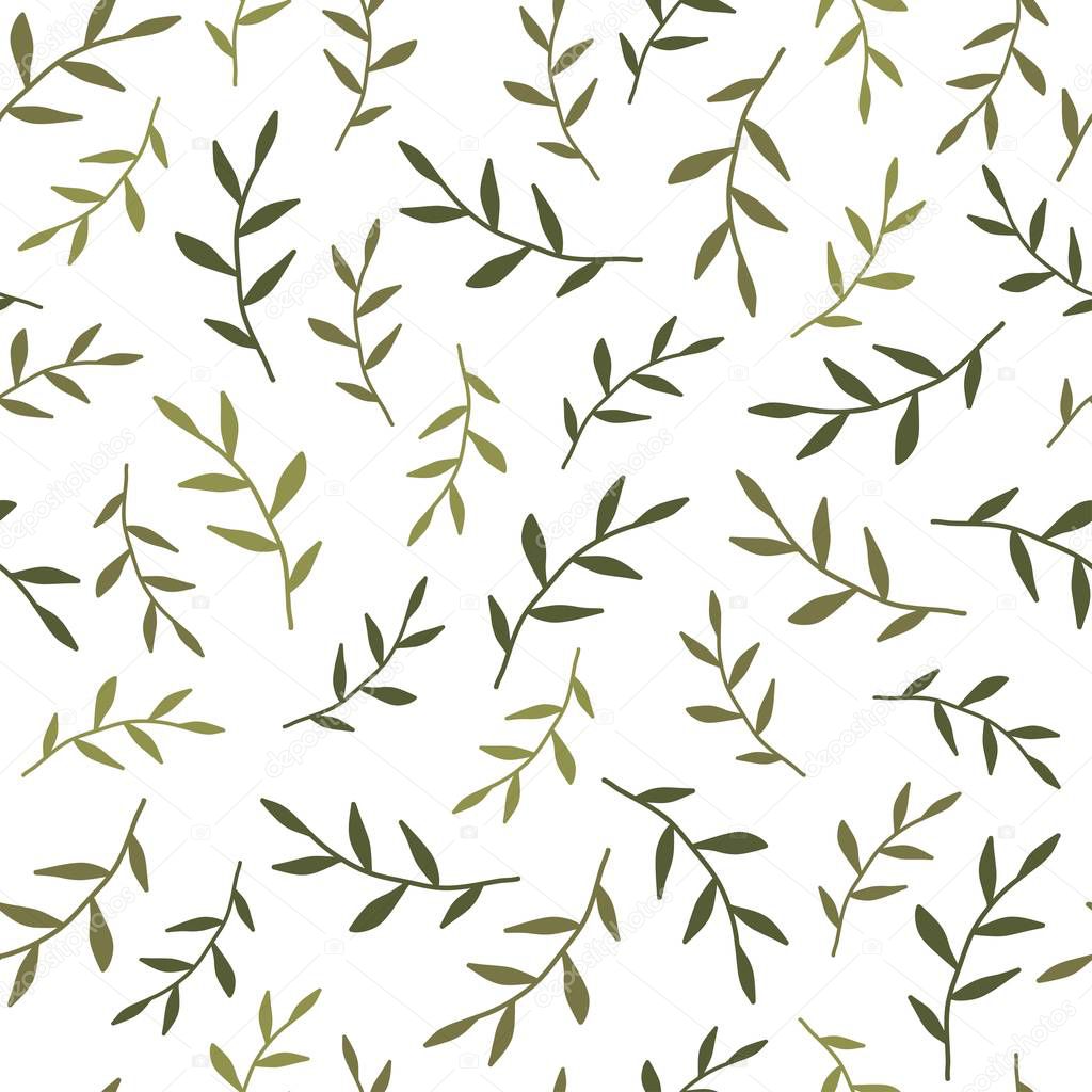 Seamless floral pattern with little bright green blades of grass. Floral texture on white background. Cartoon style sprigs with oval leaflets. For printing on fabric or paper. Vector illustration.