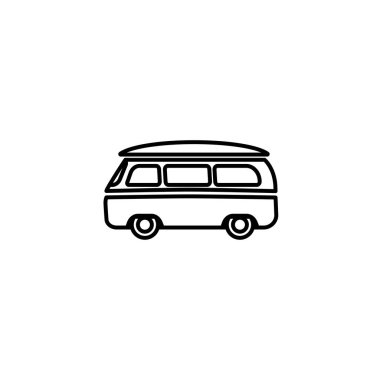 Van anahat siluet. Minibüs vektör satırı simgesi beyaz arka plan üzerinde izole. Hippi retro araba. Yol maceralar, gezi, yolculuk işareti. Teslimat. Seyahat sembolü.