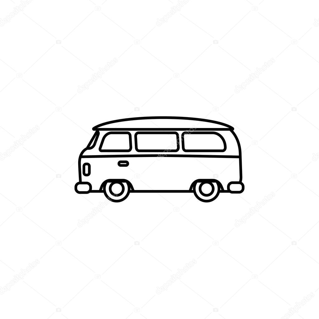 Van outline silhouette. Minibus vector line icon isolated on white background. Hippy retro car. Road adventures, trip, journey sign. Delivery. Travel symbol.
