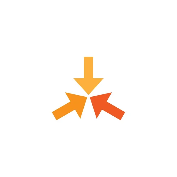 オレンジの四角い矢印は中央をポイントします トリプル衝突する矢印アイコン 方向アイコンをマージします ベクトルの図 白で隔離 バックと白 — ストックベクタ