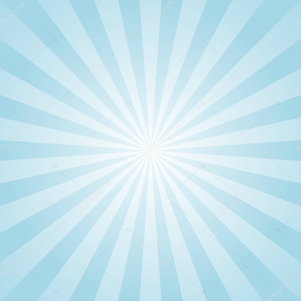 Sunlight background. Pale blue color burst background with white highlight. Fantasy Vector illustration. Magic Sun beam ray sunburst pattern background. Retro faded backdrop.