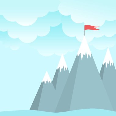 Kırmızı bayrak bir dağ tepe üzerinde. başarı, yüksek sonuçlar sembolü. Dağlar ve bulutlar ile manzara.