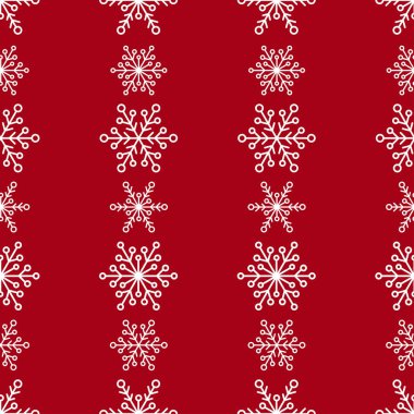 Kış kırmızı zemin üzerine beyaz kar taneleri satır ile seamless modeli.