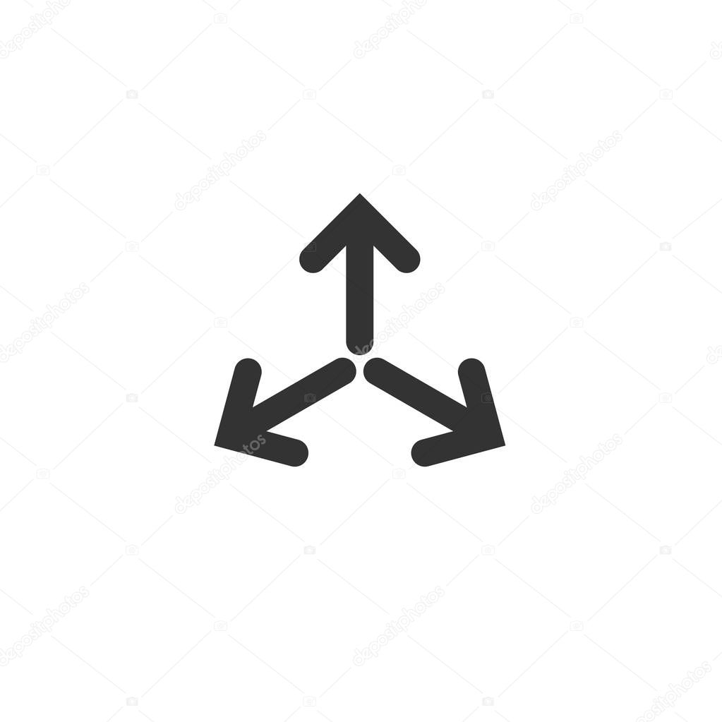 Three black arrows point to the center in circle. Triple Collide Arrows icon. Merge Directions icon. Vector