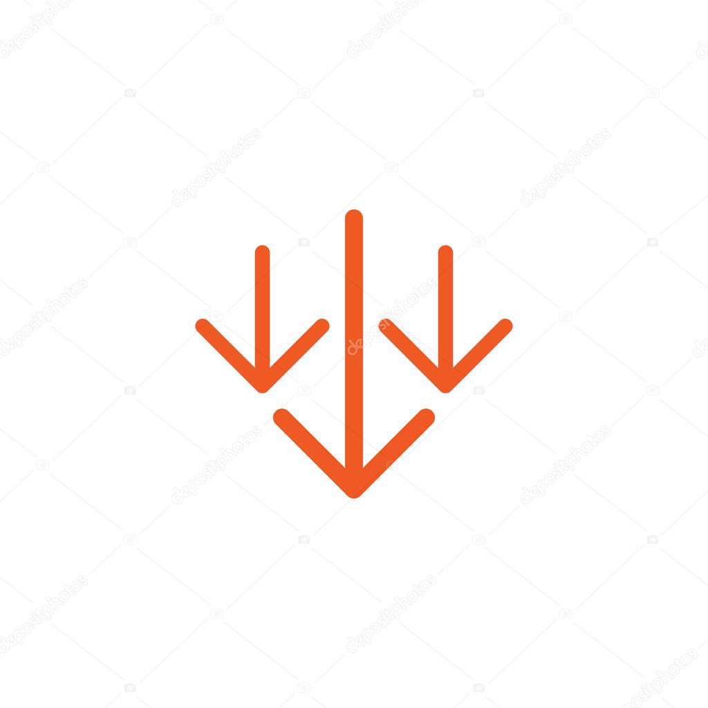 three red thin arrows down icon. download sign. Fall, decrease symbol isolated on white. Vector flat button.