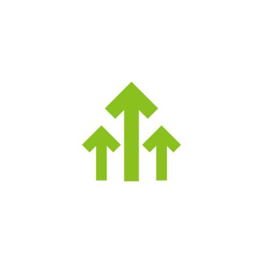İkon üzerinde üç yeşil ok. Beyazda izole edilmiş. Simgeyi yükle. Yükseltme işareti. Büyüme sembolü. Kuzey noktası oku.