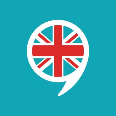 İngiliz bayrağı üzerinde mavi arka plan izole ile sohbet etmek konuşma balonu.