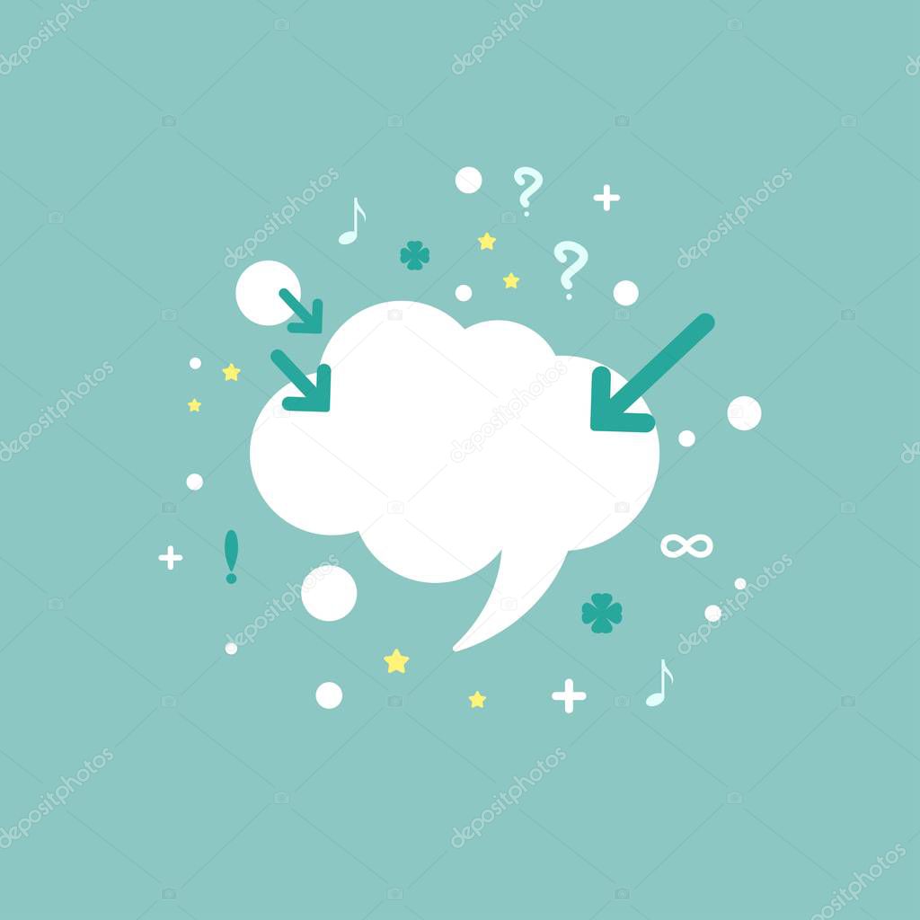 white chat speech bubble with questions, arrows, dots and other symbols. Vector flat icon.