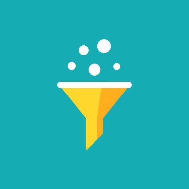 Filtreli turuncu veri filtresi. düz veri huni simgesi. Mavi arka planda izole edilmiş. Analiz bilgileri,