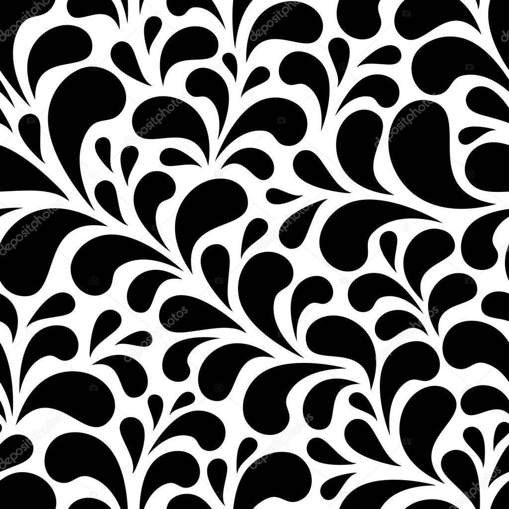 Seamless abstract pattern with black drops or petals on white background.