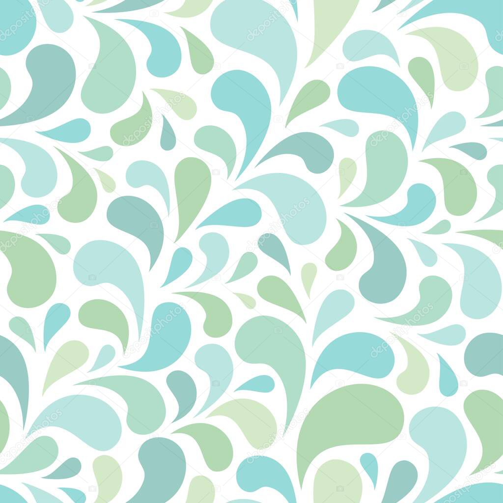 Seamless abstract pattern with blue and turquoise drops or petals on white background.