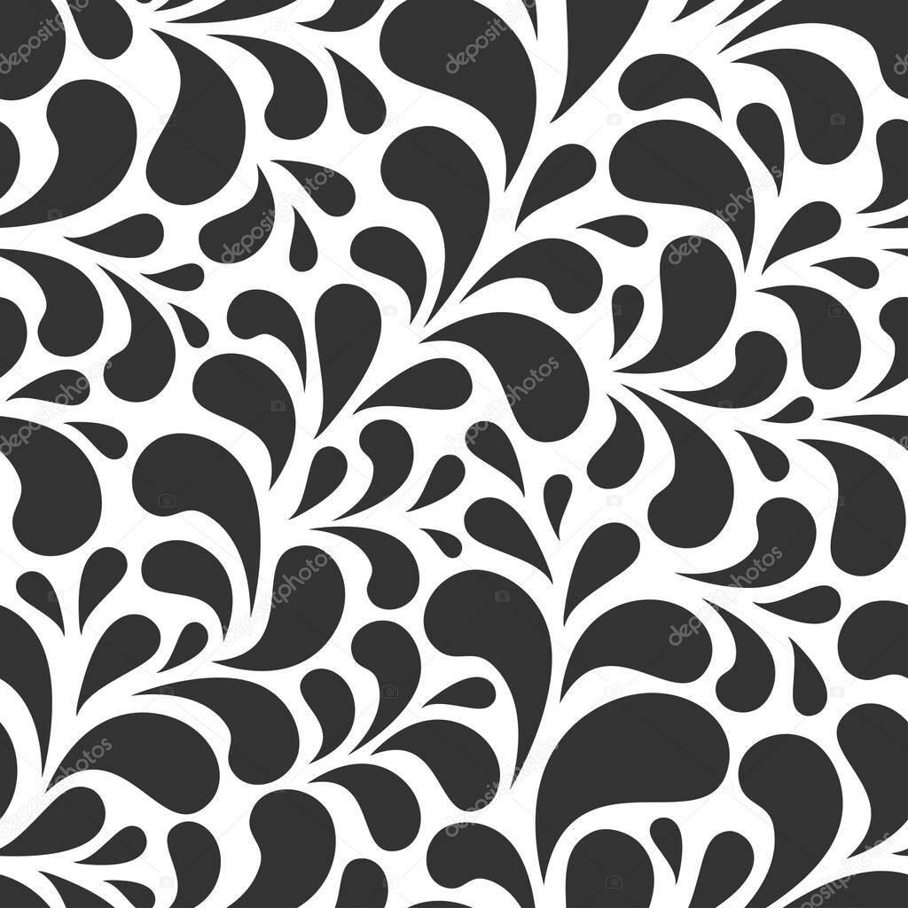 Seamless abstract pattern with black drops or petals on white background.