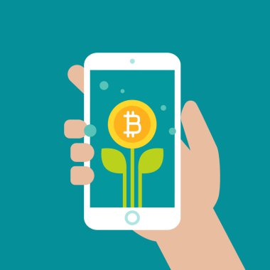 Elinde yeşil yaprakları olan akıllı bir telefon ve elinde bir çiçek olan bitcoin. Ver, al, al, kazan. Çevrimiçi iş, uzaktan iş, yatırım. Şifreli para birimi, sanal, internet