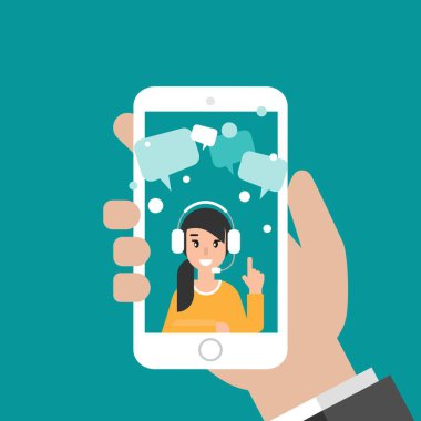 Operatör ve konuşma baloncuklarıyla birlikte ekranda akıllı telefonu tutuyor. Mavi arkaplanda düz vektör çizimi. Cep telefonunda kulaklığı olan kız. Danışmanlık, internet işi, internet. Çağrı merkezi.