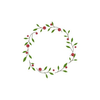 Yeşil yapraklı, dallı ve kırmızı meyveli yuvarlak çelenk. Sonbahar çelengi beyazda izole edilmiş. Noel ya da Şükran Günü tebrik kartları için iyidir. Vektör illüstrasyonu.