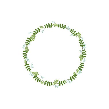 Çimen dalları ve dalların yeşil yapraklarından çelenkler. Garland tebrik kartları için iyidir. Bahar Vektörü illüstrasyonu beyaza izole edildi