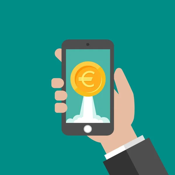 Ruční Držení Smartphone Zlatou Euromincí Jako Raketa Obrazovce Růst Příjmů — Stockový vektor
