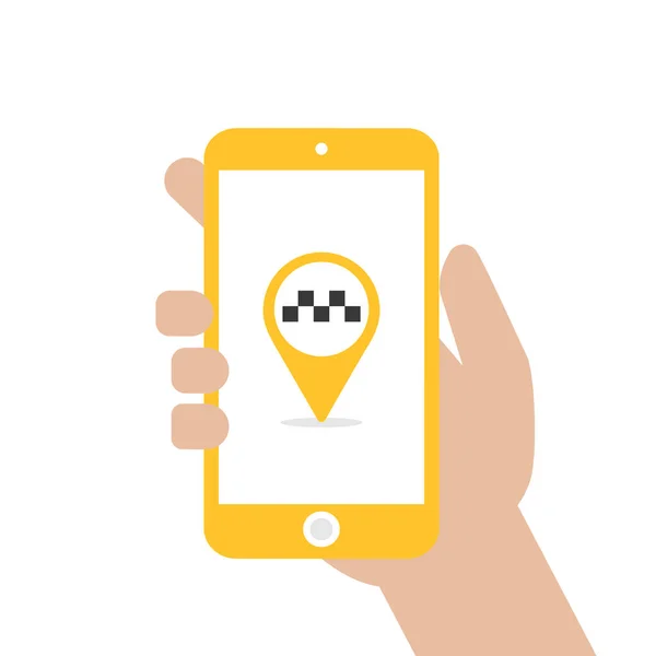 Χέρι Κρατά Smartphone Ταξί Κίτρινο Pin Στην Οθόνη Εικονίδιο Εφαρμογής — Διανυσματικό Αρχείο