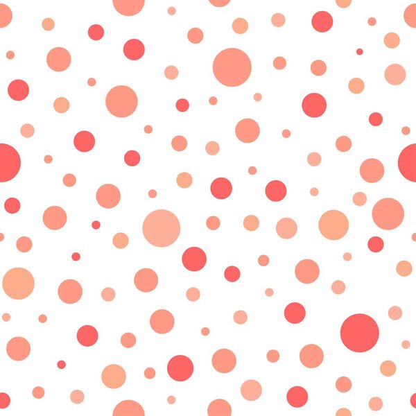 Seamless abstract pattern of little and big red circles and red dots on white background. Kaleidoscope background. Bright wallpaper, good for printing. Summer Vector illustration.