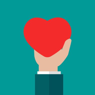 Mavi arka planda kırmızı kalbi tutan el. Hayırseverlik, hayırseverlik, yardım etmek, aşk kavramı. Düz vektör illüstrasyonu.