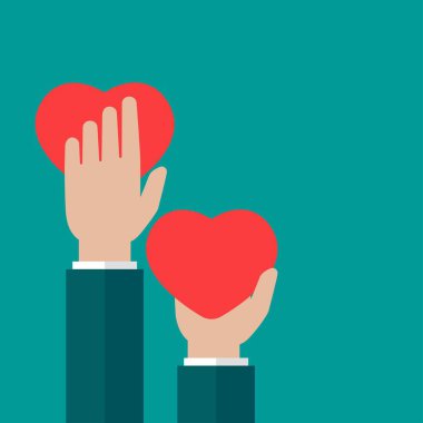 Mavi arka planda kırmızı kalbi tutan eller. Hayırseverlik, hayırseverlik, destek, vermek, yardım, aşk konsepti. Düz vektör illüstrasyonu