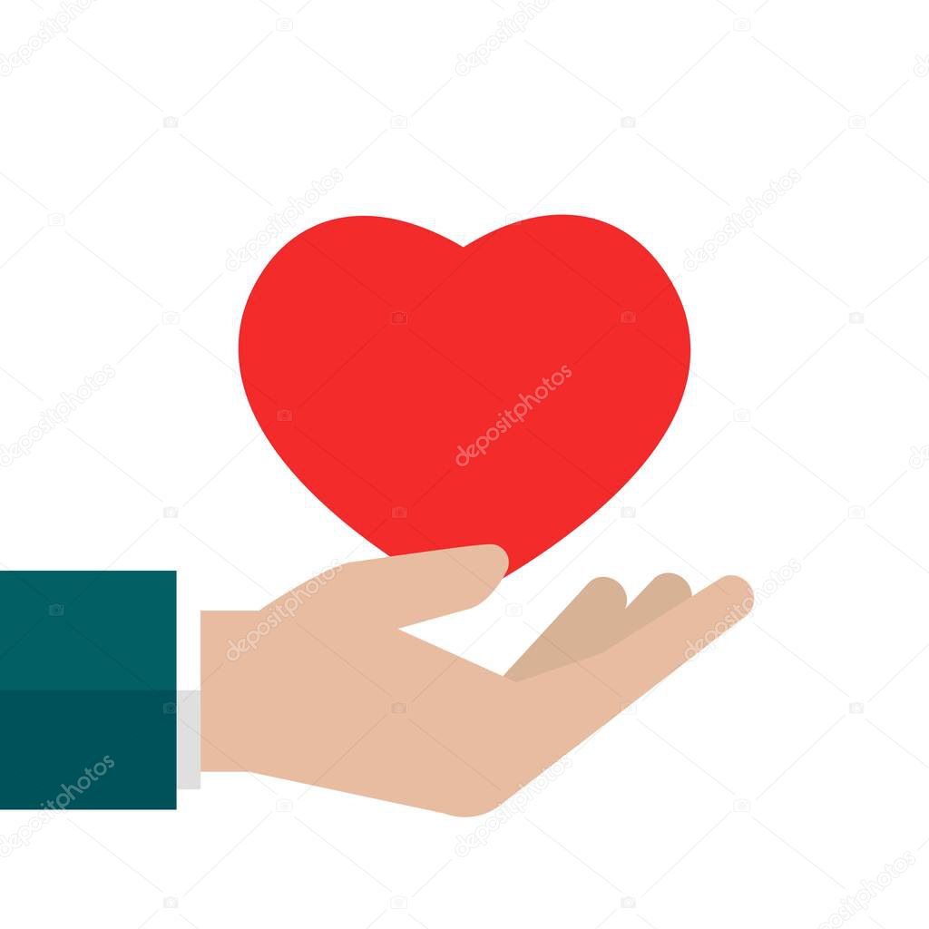 Hand holding red heart on white background. charity, philanthropy, giving help, love concept. Flat vector illustration.