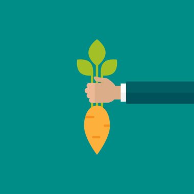 Havuçlu el. Para, müşteri, yatırım başarısı çeken bir iş adamı. İş yönetimi, liderlik, motivasyon. Mavi arkaplanda vektör düz illüstrasyon