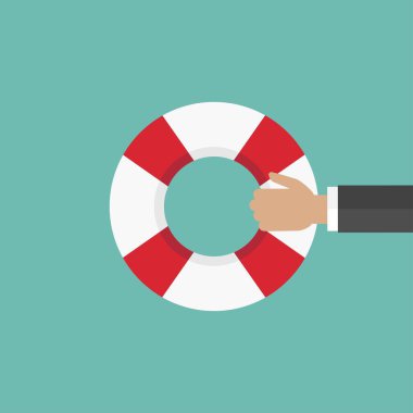 Arka planda bir cankurtaran şamandırası tutuyor. Yardım, destek, hayatta kalma ya da yatırım sembolü. Kırmızı ve mavi can yeleği, yüzen lastik halka. iş konseptini koru. Düz biçimdeki vektör illüstrasyonu.