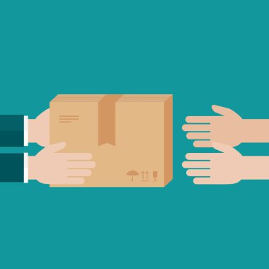 Kurye elleri müşteriye paket verir. Mavi üzerine izole edilmiş. Teslimat kutusu, paket servisi, ulaşım, konteynır. Ürünleri al, gönder ve transfer et. Vektör düz resimleme