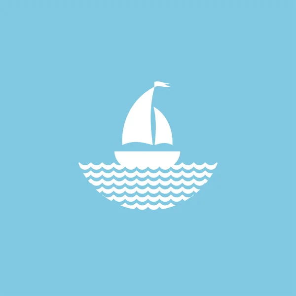 Silueta Plana Azul Barco Con Dos Velas Agua Aislado Blanco — Vector de stock