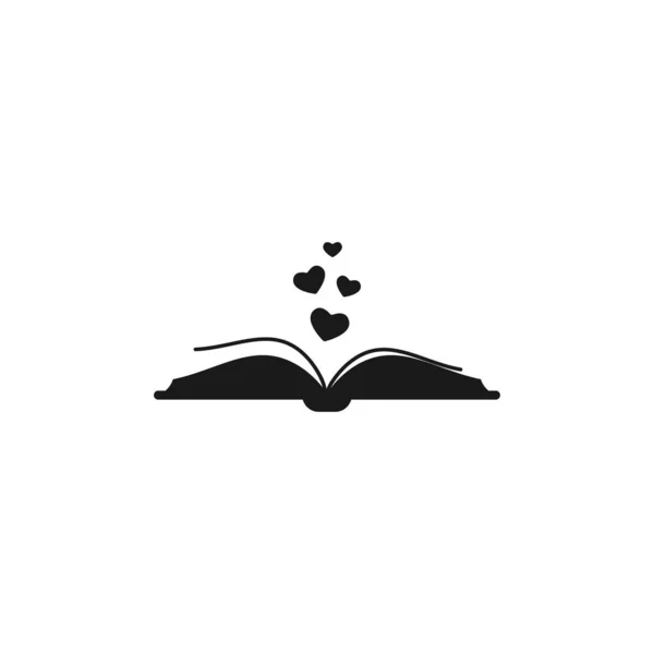 Sayfalar ve kalpler uçuşan açık bir kitap. Beyaz arka planda izole edilmiş. Bibliyofil düz ikon. Vektör çizimi. Logo okumayı seviyorum. Romantik kitap resimleri. Siyah ve beyaz.
