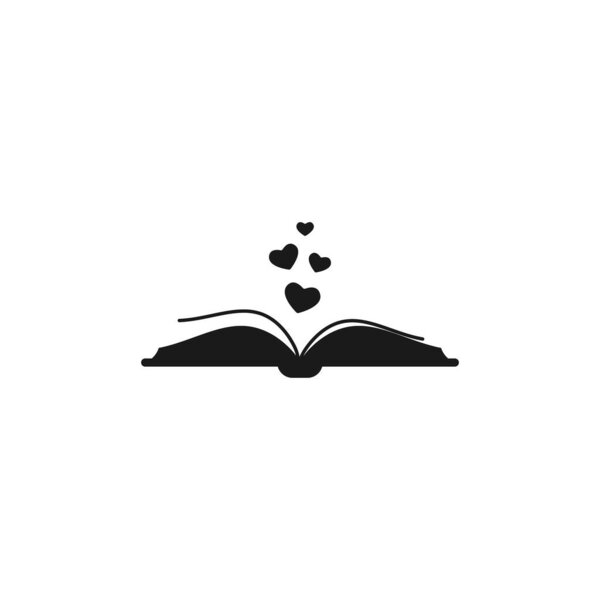 Откройте книгу со страницами и разлетающимися сердцами. Изолированный на белом фоне. библиофильная плоская икона. Векторная иллюстрация. Люблю читать. Пиктограмма романтической книги. Черное и белое.