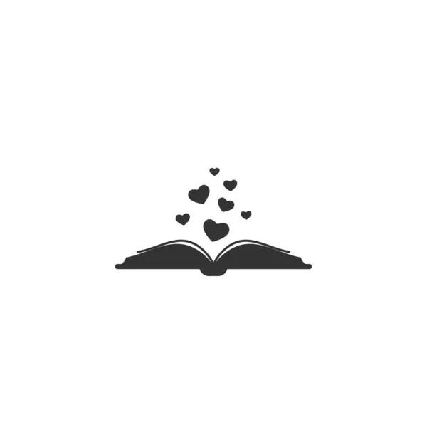 Sayfalar ve kalpler uçuşan açık bir kitap. Beyaz arka planda izole edilmiş. Bibliyofil düz ikon. Vektör çizimi. Logo okumayı seviyorum. Romantik kitap resimleri. Siyah ve beyaz.