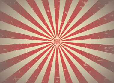 Güneş ışığı solmuş grunge arkaplanı. Kırmızı ve bej rengi arkaplanı çizilmiş. Vektör çizimi. Güneş ışını duvar kağıdı. Enkaz parçalarıyla benekli eski bir kağıt parçası. Klasik sirk posteri