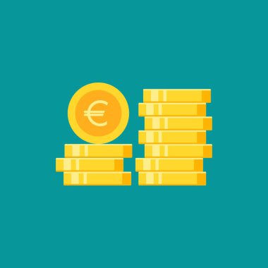 Bir yığın altın euro sikkesi. Düz altın ikonu. Mavide izole edilmiş. Ekonomi, finans, para fotoğrafı. Zenginlik sembolü. Vektör illüstrasyonu.