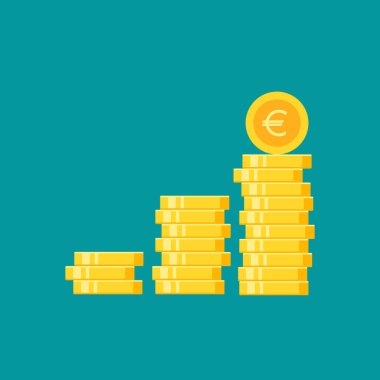 Stack of golden euro coins. Flat gold icon. Isolated on blue. Economy, finance, money pictogram. Wealth symbol. Vector illustration. clipart