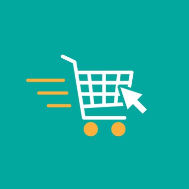 İmleç oklu mavi alışveriş arabası. Mavi arkaplanda basit bir simge izole edildi. Tramvayı tekerleklerle doldurun. Şişman vektör çizimi. Web ve mobil tasarım için iyi.