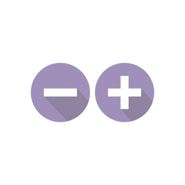 Artı ve eksi daire düz vektör simgeleri beyaz üzerinde izole. Piktogram ekle veya satın al. İnternet ve mobil tasarım için iyi. Gölgeli mavi düğmeler