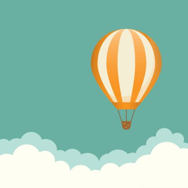 Mavi gökyüzünde bulutlarla uçan turuncu sıcak hava balonu. Düz çizgi film arkaplanı. Vektör arkaplanı.