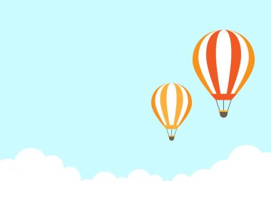 Mavi gökyüzünde bulutlarla uçan turuncu sıcak hava balonu. Düz çizgi film yatay arkaplan. Vektör arkaplanı.