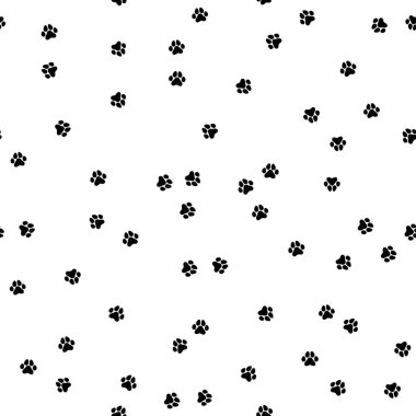 Kusursuz desen ve siyah kedi izi. Hayvan süsü. Vektör düz çizim. Küçük patili beyaz arkaplan, ayak izi.