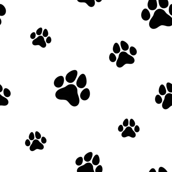 黒い猫の跡があるシームレスなパターン 動物の飾り ベクトルフラットイラスト 白い背景と子猫の足の足跡 足踏み — ストックベクタ