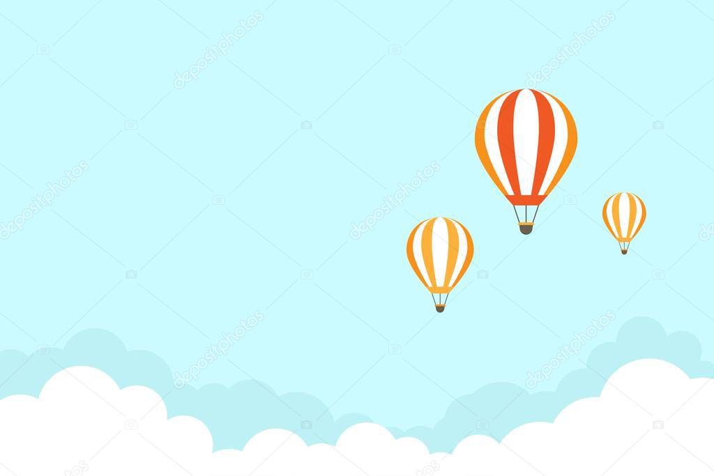 Orange hot air balloon flying in blue sky with clouds. Flat cartoon horizontal background. Vector background.