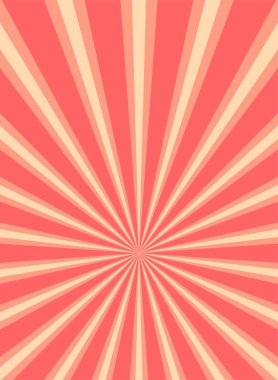 Güneş ışığı yatay arkaplanda parlıyor. Kırmızı ve şeftali rengi arka planda patlamış. Vektör çizimi. Güneş ışını güneş patlaması duvar kağıdı. Parlak arkaplan şekeri. Yıldız patlaması duvar kağıdı. Sirk posteri veya pankart