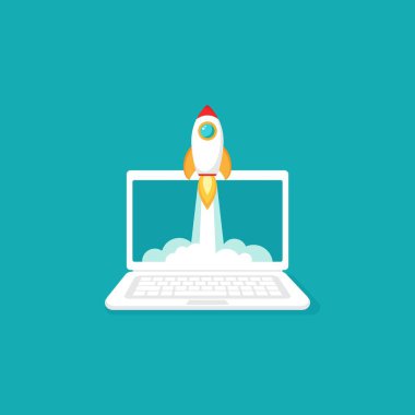 Roketli ya da uçan mekiği olan bilgisayar ekranı. Mavi arka planda bir iş yeri. Serbest çalışan, tasarımcı, yazarlık işi. Vektör düz çizim. Yaratıcı çalışma ya da öğrenim. Hayal gücü, ilham, fantezi..