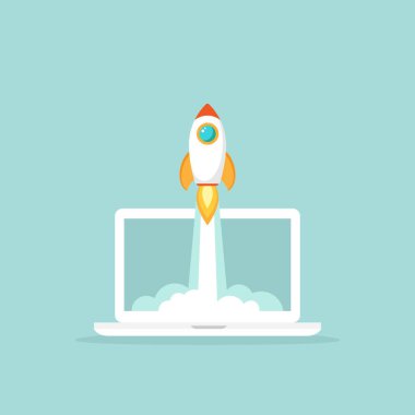 Roketli ya da uçan mekiği olan bilgisayar ekranı. Mavi arka planda bir iş yeri. Serbest çalışan, tasarımcı, yazarlık işi. Vektör düz çizim. Yaratıcı çalışma ya da öğrenim. Hayal gücü, ilham, fantezi..
